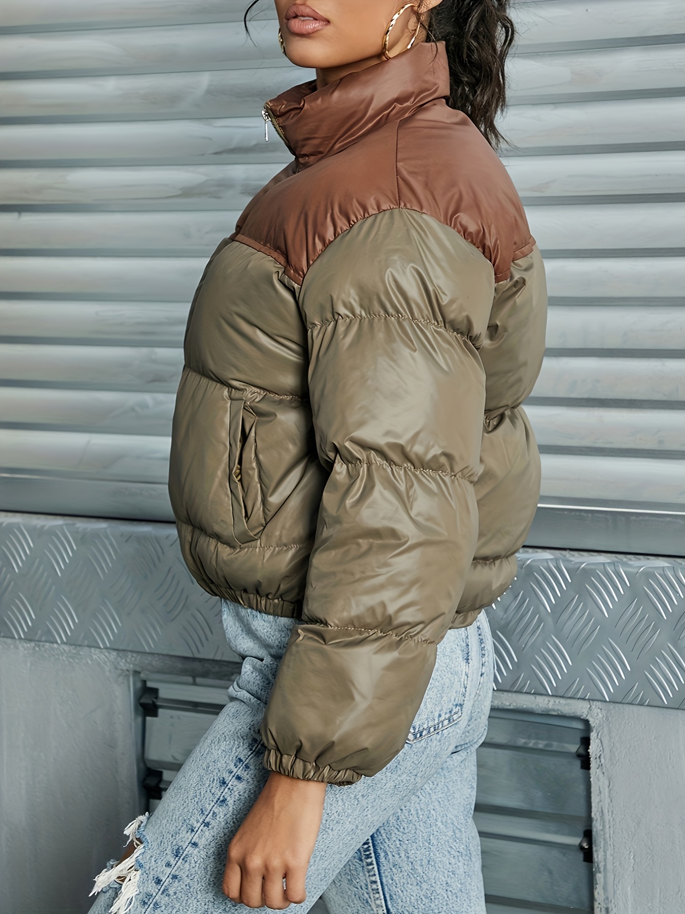 color block zip up puffy coat long sleeve slant pockets jacket for fall winter womens clothing details 3